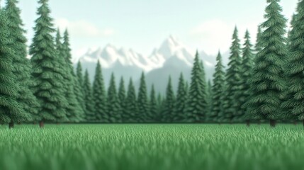 Fototapeta premium A serene landscape featuring lush green grass and tall evergreen trees against a backdrop of majestic mountains, ideal for nature-themed projects, relaxation content