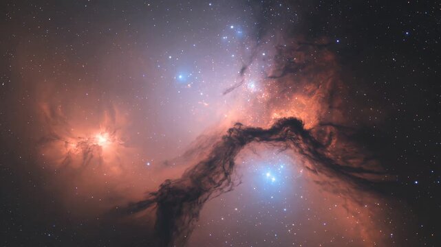 Luminous interstellar nebula with fiery orange gas clouds, shimmering blue stars, and dark dust lanes drifting through the vast cosmic expanse of deep space