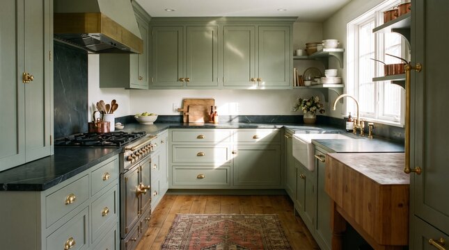 Sophisticated kitchen with muted sage green cabinets, dark soapstone countertops, brass details, and a traditional rug