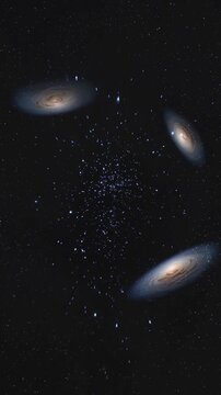 Deep space exploration traveling through glowing star clusters and spiral galaxies in a vast universe, featuring cosmic nebulae and interstellar starfields on a dark night sky