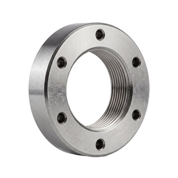 Steel threaded flange component. Industrial metal ring with bolt holes for engineering.