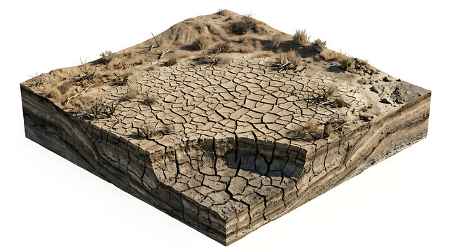 3D Cross Section of Desert Land with Cracked Soil and Isolated on White