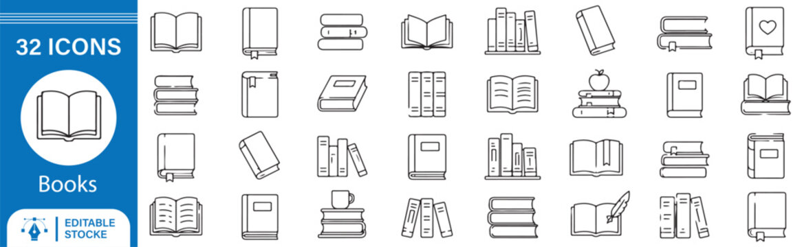 32 Books Outline Icons Set &ndash; Library, Reading, Literature, Book Collection and Education Vector Line Icons Collection