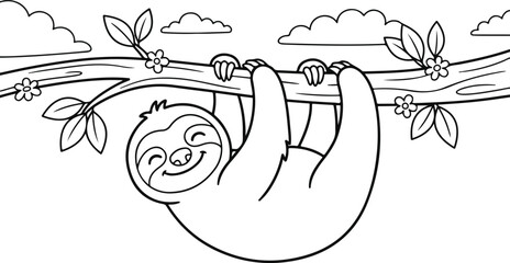 Fototapeta premium Cute sloth hanging on a tree branch for a fun jungle animals coloring page for creative kids activity