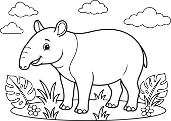 Obraz premium Cute baby tapir jungle animals coloring page for kids with simple line art and tropical forest background