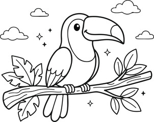 Fototapeta premium Cute toucan bird sitting on a tree branch for a fun jungle animals coloring page for young children
