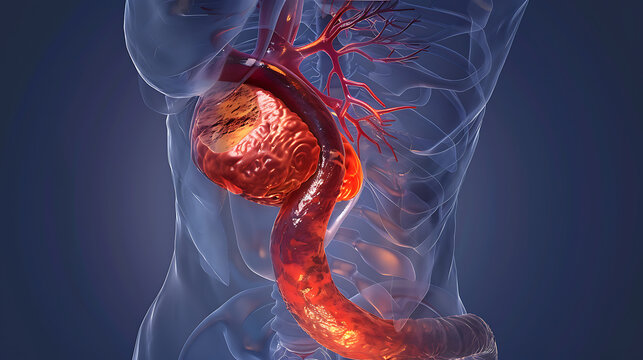 Medical illustration of an aortic aneurysm. The aorta is shown in its anatomical position: the ascending aorta, aortic arch, descending thoracic aorta, and abdominal aorta.