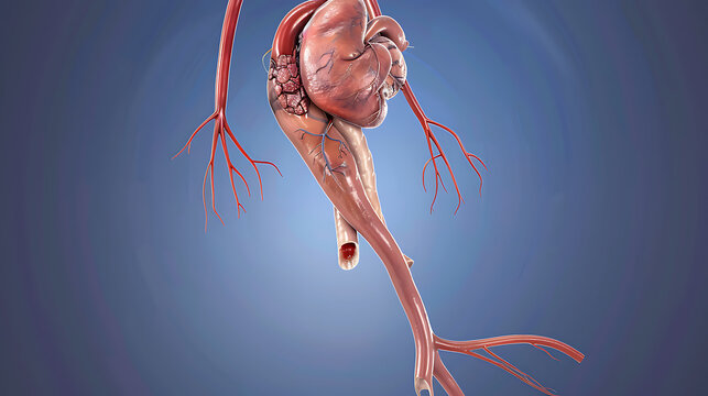 In aortic aneurysm, the aorta is shown in its anatomical position: ascending aorta, aortic arch, descending thoracic aorta and abdominal aorta.
