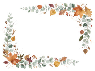 Fototapeta premium watercolor autumn corner frame with eucalyptus foliage maple leaves berries and paint splatters on white background