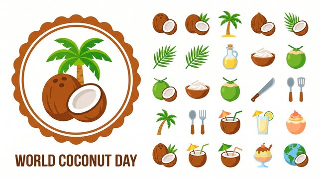 World coconut day flat illustration with icons