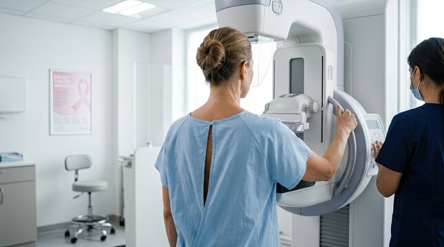 A female patient undergoing a mammogram screening procedure in a clinic for breast cancer awareness month medical health checkup