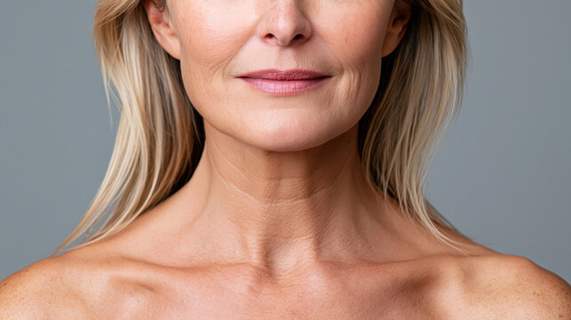Middle aged woman focusing on her neck and collarbone area, revealing visible wrinkles, emphasizing natural aging, skin care, beauty, health, and a healthy lifestyle