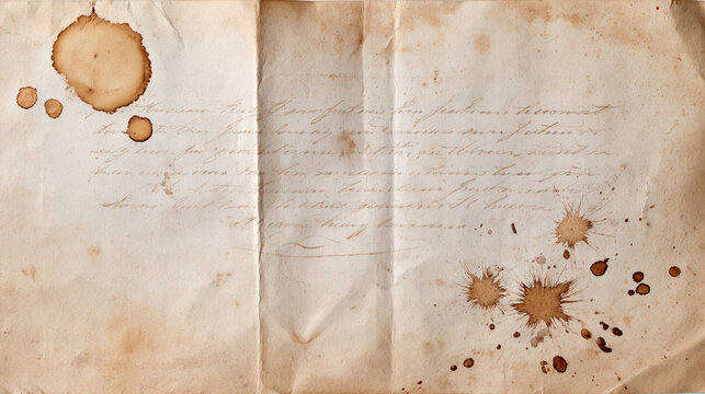 Old parchment paper showing a faded handwritten text, visible folds, and numerous coffee stains, creating a rustic background and historical texture
