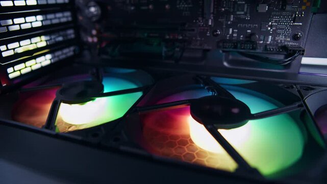 Extreme close-up of the colorful fans spinning on the computer's  graphics card illuminated by rainbow LED lights
