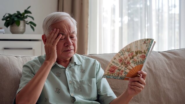 Elderly man sits indoors with a fan during a hot summer day trying to cool down from the heatwave