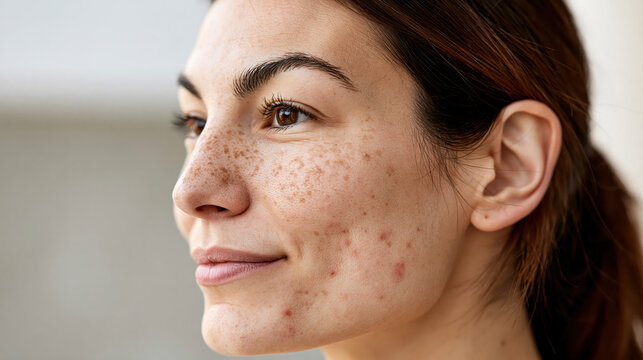 Woman showing her natural skin with freckles and acne spots, standing in profile and looking to the side with a gentle smile, symbolizing body positivity and self love
