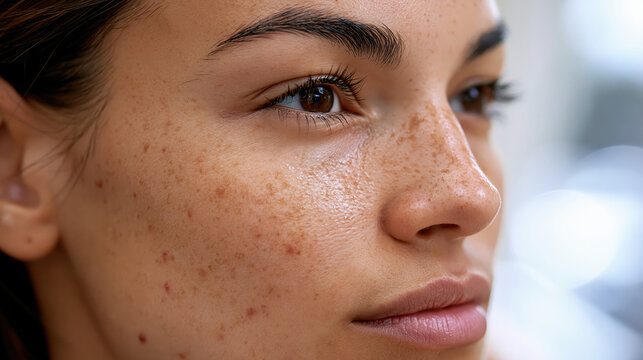 Portrait of a young woman showing natural skin texture with freckles and pigmentation, embracing diversity and body positivity, advocating for self acceptance and unfiltered beauty