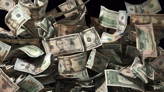 US dollar bills fall into the frame, gradually covering the entire screen, then disappear. Transition for a money theme, financial overlay, and wealth concept animation. Transparent background. ProRes
