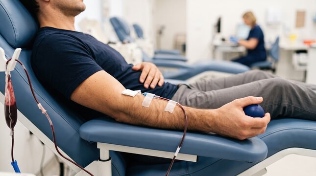 A man lies back on a reclined chair in a donation center. He has a tourniquet on his arm and is holding a squeeze ball as he donates blood. The room has medical equipment around