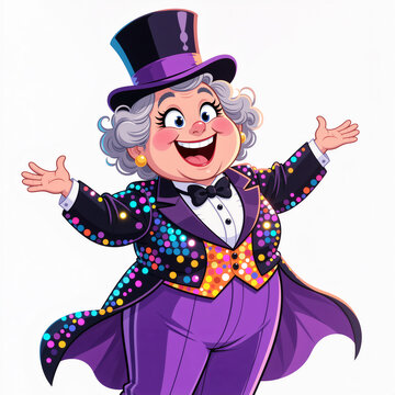 Amazed middle-aged magician woman with curly grey hair and sequined coat on white background, flailing arms and wide toothy grin.