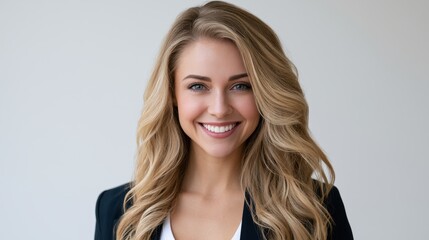 Fototapeta premium Smiling young woman with long blonde wavy hair wearing a dark blazer, professional headshot