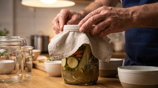 Person securing a linen cloth cover over a glass jar filled with pickled vegetables