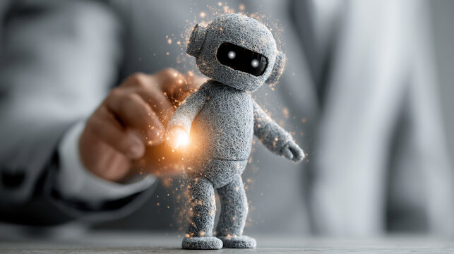 Futuristic AI robot character with glowing particles, small humanoid robot assistant for business automation, digital transformation concept
