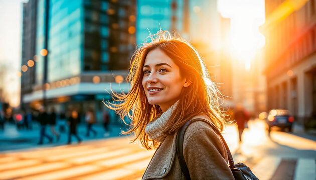 A beautiful and emotional city girl enjoys a wonderful day, emotions and smiles. bottom view