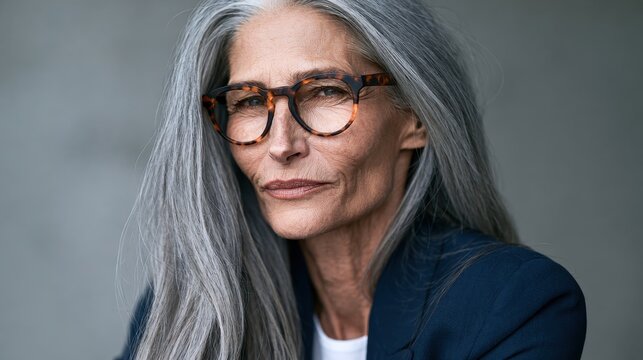 Portrait of a mature woman with long grey hair and glasses, wearing a navy blue blazer, isolated against a grey background