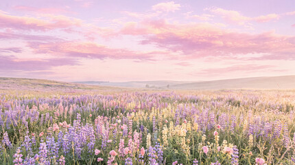 Fototapeta premium Pastel wildflower field at sunset. Blooming meadow landscape with soft pink sky.