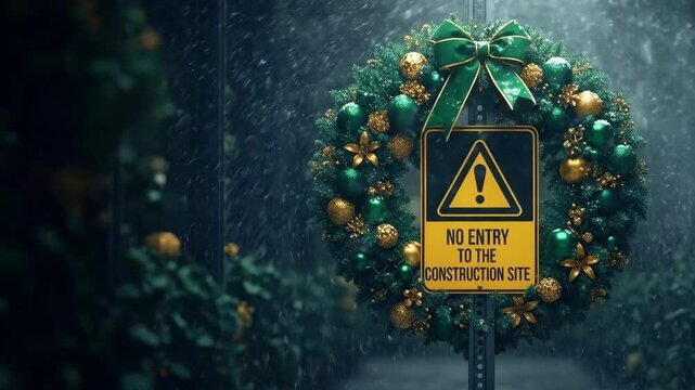 Christmas wreath with green bow and ornaments on a no entry to construction site sign. Festive decoration on a warning sign for holiday.