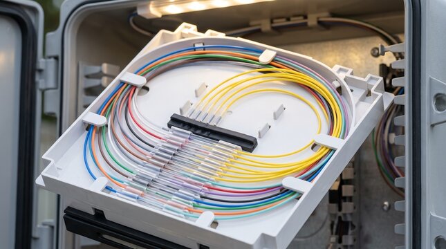 ​High-angle close-up commercial product shot of an open white plastic fiber optic splice tray inside a outdoor distribution hub. Dozens of delicate, color-coded buffer tubes (blue, orange, green, brow