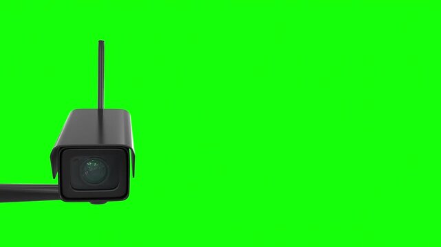 Static outdoor CCTV security camera with a blinking red LED indicator on a green screen background.