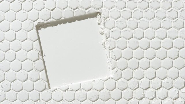 Top view perspective shot of a white powder surface with a small honeycomb pattern printed on it and a square imprint, lit by orbiting directional light creating flowing shadows