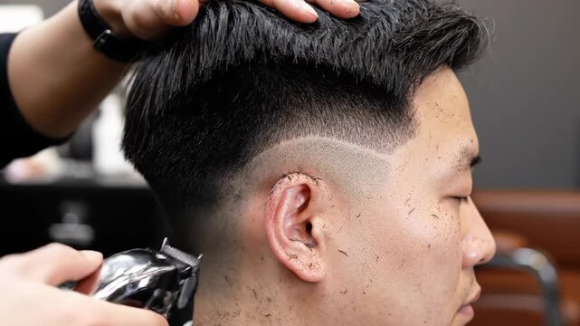 Men's haircut for Asian man at barbershop with close up on hair detailing and styling