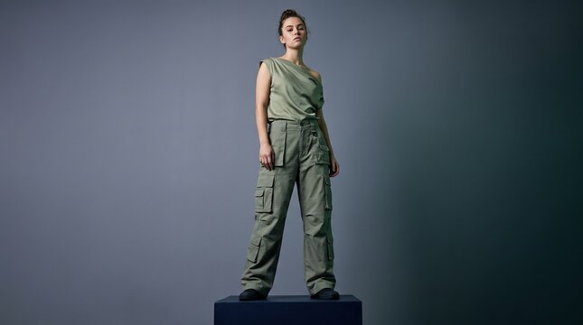 Commanding Gen Z Woman on Studio Pedestal Low Angle Hero Shot Sage Green Techwear Cargo Silk Top Dominating Gaze, Power Fashion Editorial