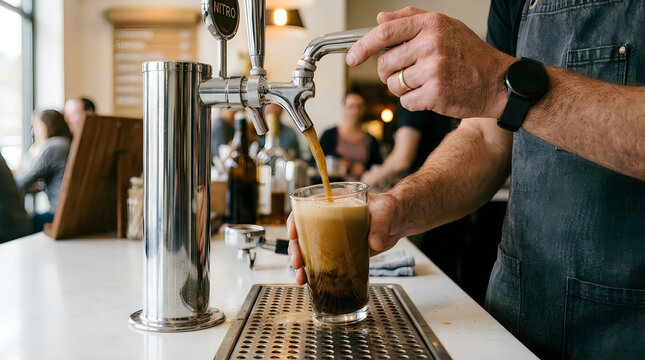 Barista pouring nitro cold brew coffee from tap at cafe counter