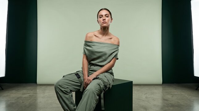 Intense Young Woman in Sage Green Techwear Cargo Pants Silk Draped Top Seated on Studio Pedestal, Futuristic Fashion Editorial Portrait