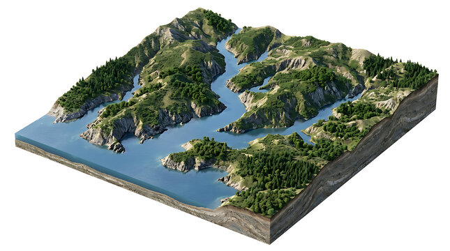 3D Isomorphic Topographic Map of Fjord and Mountain Landscape Isolated