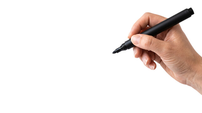Black permanent marker held by hand on white background, person writing with felt tip pen, hand drawing with black ink marker for presentation