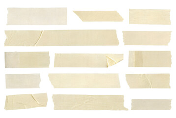 set of realistic beige masking tape strips isolated on transparent background with different torn...