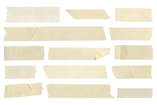 set of realistic beige masking tape strips isolated on transparent background with different torn edges adhesive textures and assorted shapes for scrapbook packaging mockup collage and design elements