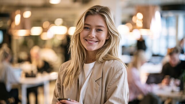 Portrait of a smiling young blonde businesswoman holding a smartphone in a modern office environment