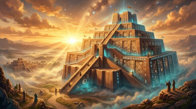 Mystical ancient ziggurat temple under glowing sunset sky digital art