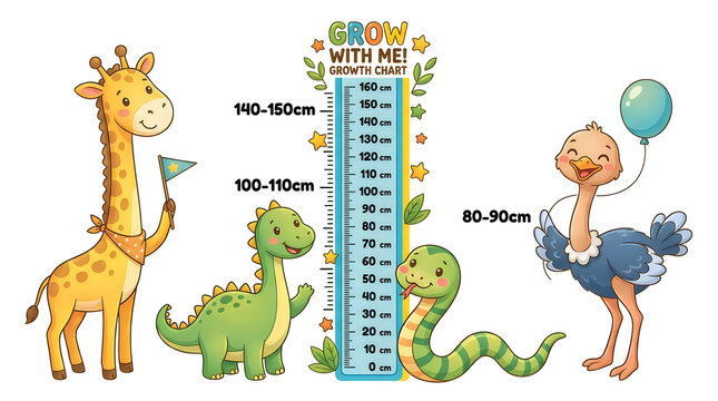 Colorful cartoon animals height chart for kids nursery decoration
