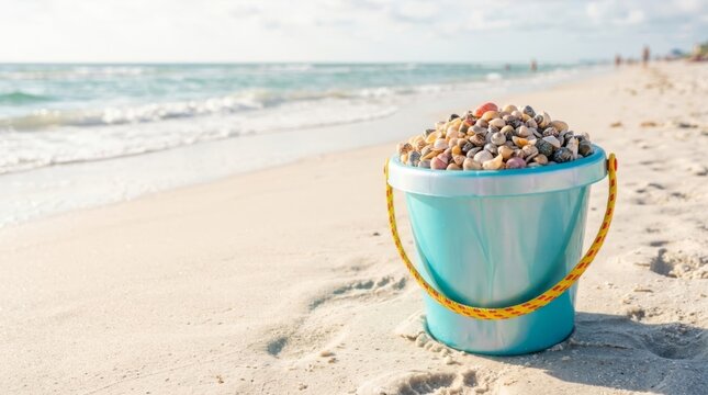 Bucket overflowing with tiny seashells on a sunny beach, evoking summer vacation and childhood joy