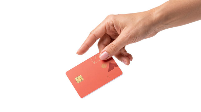 Orange credit card held by female hand on white background, plastic bank card for online shopping, person holding debit card for financial payment