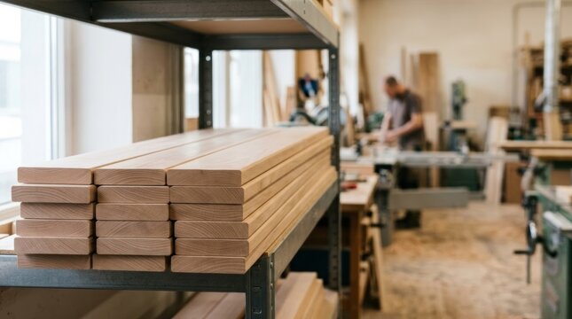 Stack of clean beech wood boards neatly arranged on metal shelves in a bright, modern workshop with ample copy space for design.