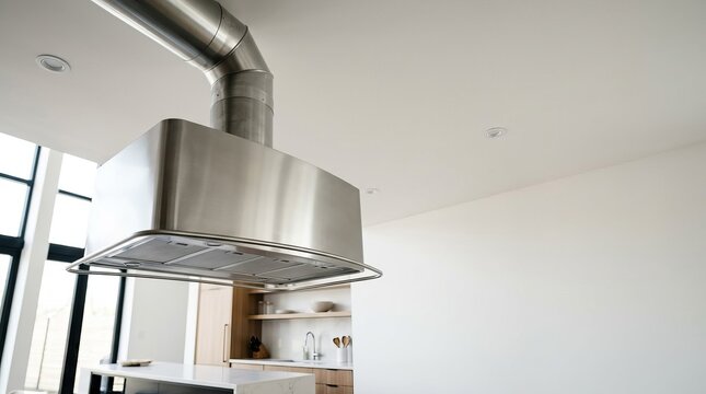 Modern stainless steel range hood with ductwork in a bright, minimalist kitchen, offering ample copy space for design