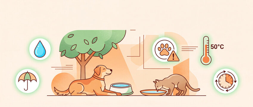 Climate Crisis and Extreme Climate Heatwave: Dog Resting in Tree Shade with Heat Warning Icon to Protect Paw Pads from Dangerous Hot Pavement During Summer